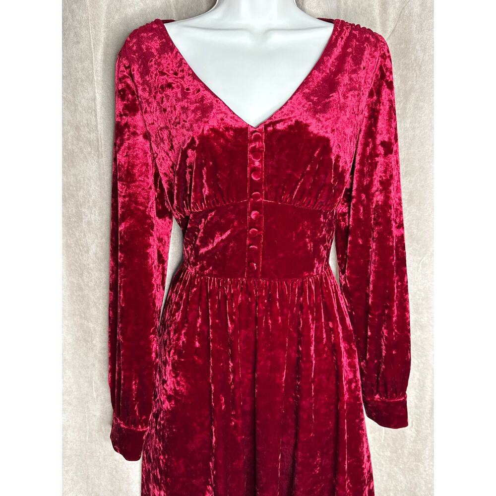 Unique Vintage Burgundy Crushed Velvet Long Sleeve Midi Dress L NWOT - Picture 8 of 11